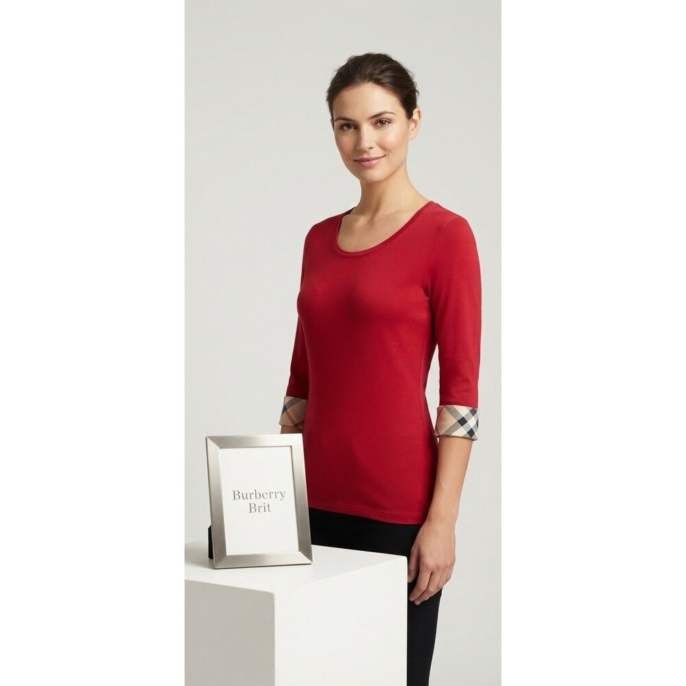 BURBERRY Brit Nova Check Flip Cuff Womens 3/4 Sleeve Red Shirt SZ L